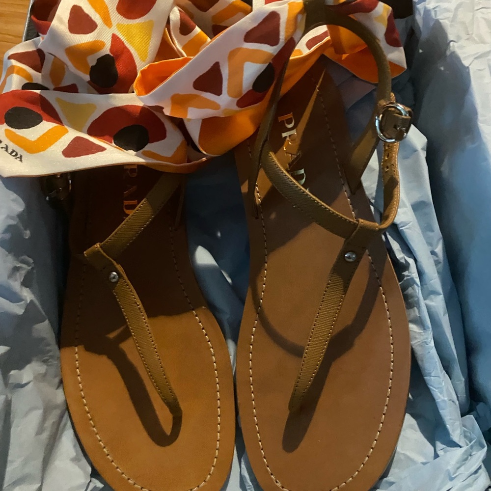 Prada Tan Sandals with Vibrant Scarf